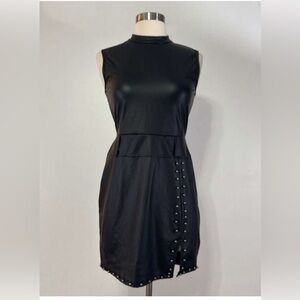 bebe Faux Leather Stud Seam High Neck Sleeveless Mini Dress